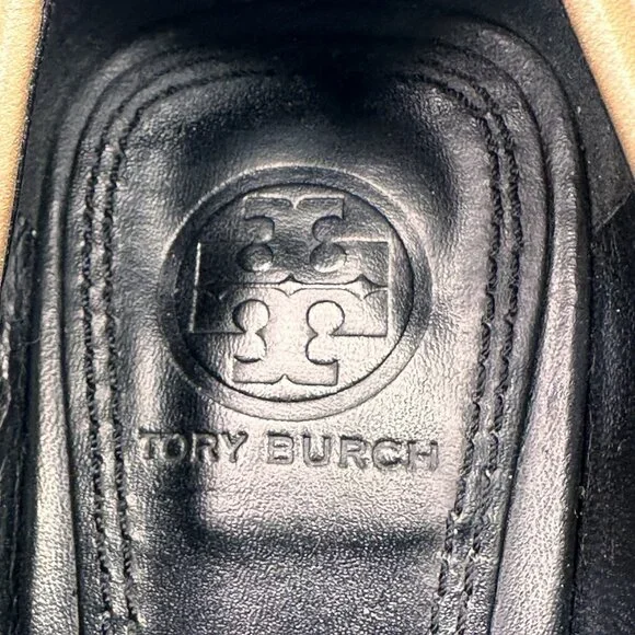 Tory Burch Ethel Two-Tone Tan and Black Leather Block Heel Pumps - Picture 9 of 10